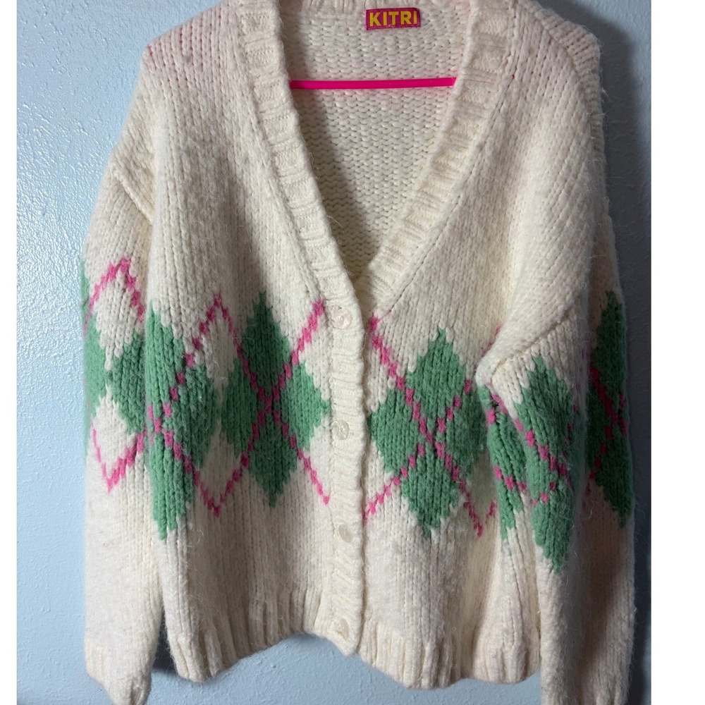 Kitri Argyle Chunky Knit Cardigan Sweater Cream Green Pink Alpaca XS Preppy